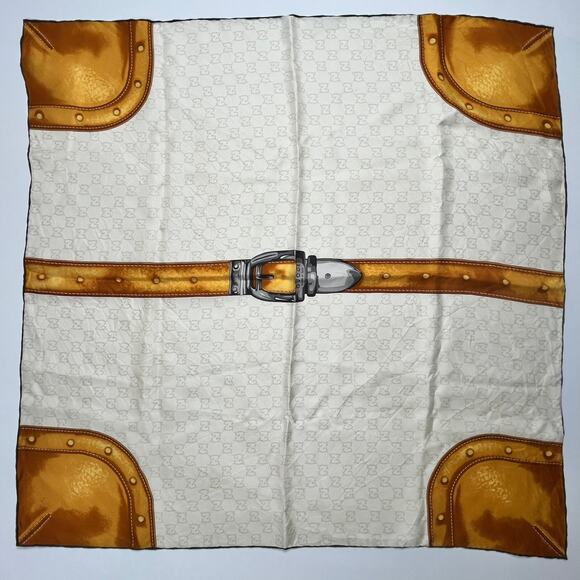 Gucci CC Monogram Buckle Print Square Scarf Silk Brown Ivory 26